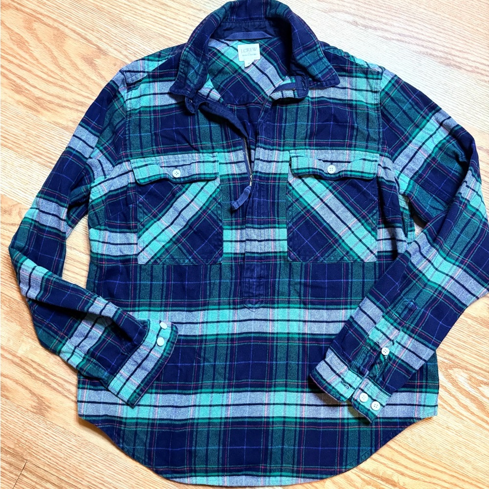 J. Crew Blue and Green Plaid Pullover Flannel Shirt Size Small